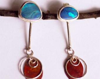 fire and ice... blue boulder opal sterling silver red copper  stud dangle earrings
