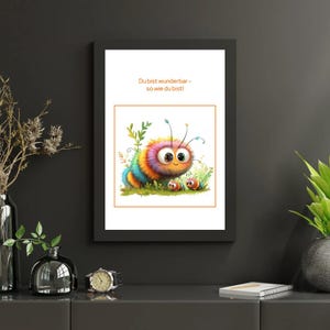 Póster de oruga para habitación infantil, naranja, archivo digital A4 y A3, bonita decoración de pared para niñas y niños, imagen con frase para imprimir.
