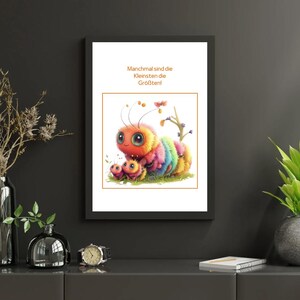 Póster de oruga para habitación infantil, naranja, archivo digital A4 y A3, bonita decoración de pared para niñas y niños, imagen con frase para imprimir.