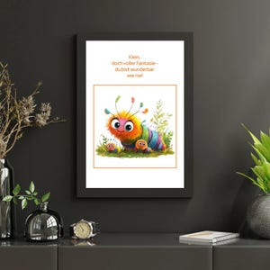 Póster de oruga para habitación infantil – fantasía – naranja – archivo digital A4 y A3 – bonita decoración de pared para niñas y niños – imagen con frase para imprimir