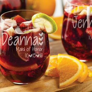 8 Custom Engraved Bridesmaid Stemless Wine Glasses