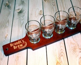 4 Custom Engraved Beer Flight Paddle and Sample Glasses Set - Groomsman Gift - Mens Gift - Fathers Day Gift - Craft Beer Gift