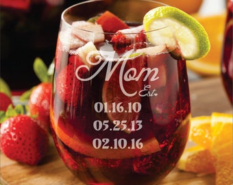 Personalized Mom Glass  1- 17 ounce Engraved Stemless Wine Glass Mothers Day Gift - mom gift with kids birthdays birth dates, gift for her