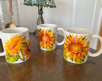 Tazas vintage con diseño de girasoles – Juego de 3 tazas de cerámica Royal Norfolk, decoración de cocina estilo cottagecore