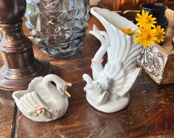 Vintage Porcelain Swan Vase & Planter Set: Shabby Chic Cottagecore Decor
