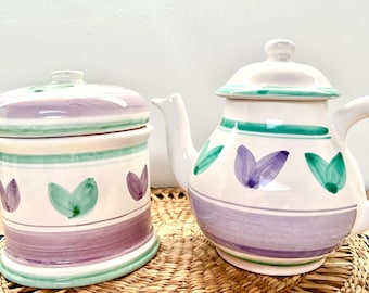 Juego de tetera y tarro para galletas Caleca Violeta Vintage - Cerámica italiana pintada a mano