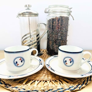 Vintage Dansk Bistro Maribo Coffee Cup & Saucer Set, Made in Japan (1981–1997), Set of 4, Blue White Danish Modern Design