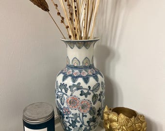 Jarrón de suelo de porcelana china vintage – Decoración floral asiática azul y verde (38 cm)