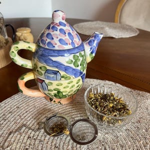 Hand-Painted Cottage Teapot for One: Whimsical Stacking Tea Set