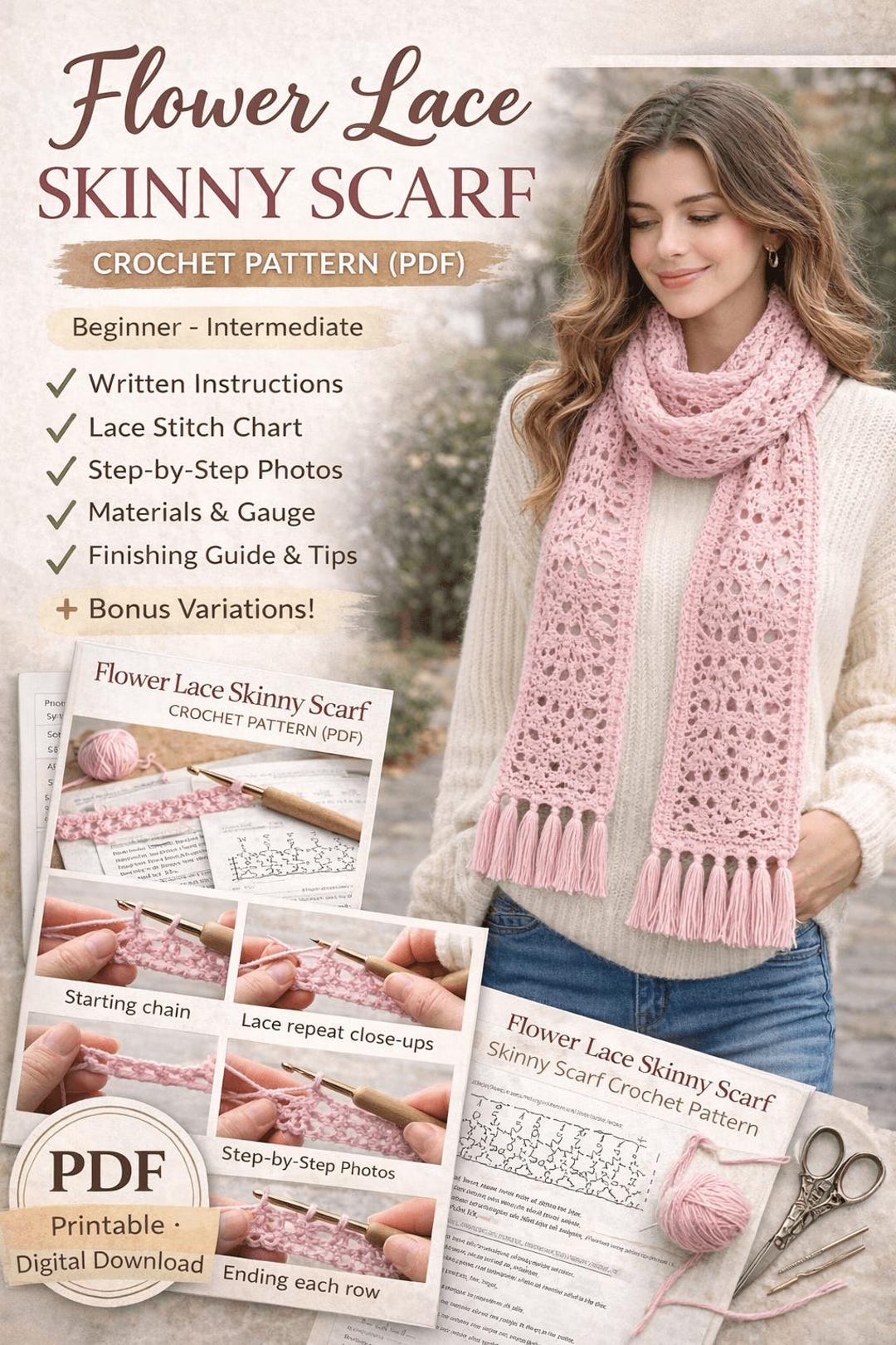 Flower Lace Skinny Scarf Crochet Pattern – Beginner Intermediate PDF ...