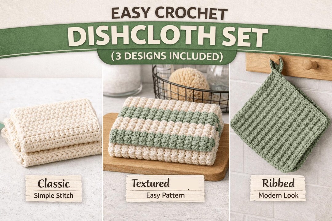 Beginner Crochet Dishcloth Set Pattern | 3 Modern Textures Easy Kitchen ...