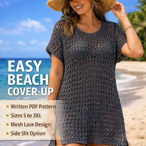 Patrón fácil de pareo de playa a crochet / Patrón de pareo de playa de malla a crochet para principiantes / Vestido de verano a crochet Tallas S-3XL