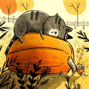 May include: A gray cat with black stripes is curled up on top of a large orange pumpkin. The cat's tail is wrapped around the pumpkin, and its head is resting on the side. The pumpkin is sitting on a bed of brown leaves.