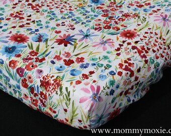 Fitted Crib Sheet/Changing Pad Cover/Mini Crib Sheet in Watercolor Flowers- Rustic Garden Wildflower Nursery Print - by Mommy Moxie on Etsy