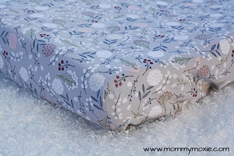 Fitted Crib SheetChanging Pad CoverMini Crib Sheet in Wild Dandelions and Flowers on Grey Perfect Nursery Linens by Mommy Moxie on Etsy