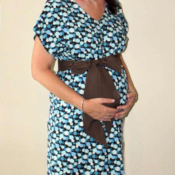 Hudson Maternity Hospital Delivery Gown-Blue, White Dots on Brown -Deliver Your Baby in Style by Mommy Moxie on Etsy