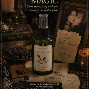 May include: A dark green glass spray bottle labelled Oh Ember Candles Belladonna Room & Linen Spray 100ml. The label features a botanical illustration of belladonna flowers and berries. The bottle is surrounded by a candle, books, and notes.
