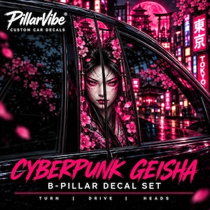 Cyberpunk Geisha bil B-stolpe dekaler, japansk flicka vinyl dörrstolpe wrap, JDM bilklistermärke set om 2