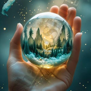 Kristallkugel Kunstdruck – Mystische Miniaturwelt Aquarell Illustration – Verträumte Galaxie Waldlandschaft – Ätherischer Digital Download
