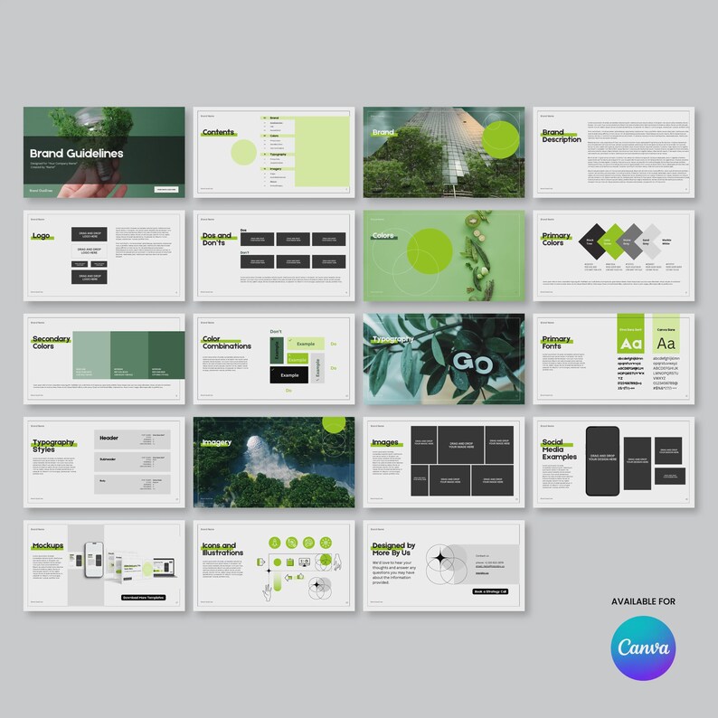 May include: A series of presentation slides in green and white. Topics include brand guidelines, colour combinations, and mockups. Text includes "Brand Guidelines", "Logo", "Contents", and "Available for Canva".