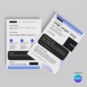 May include: Two white and blue business case study templates with text fields for titles, client testimonials, and business information. The templates are angled on a light gray background, with a Canva logo in the corner.