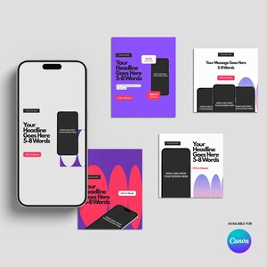 Könnte beinhalten: Digitale Designvorlagen mit Smartphones und grafischen Elementen. Jedes Design enthält den Text "Your Headline Goes Here 5-8 Words" und "Drag and Drop Your Design Here". Verfügbar für Canva.