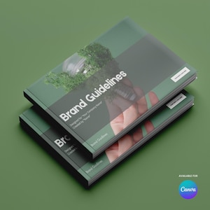 May include: Two stacked green and white Brand Guidelines books. The cover features the title in large white text, with a graphic of a lightbulb with greenery. The bottom right corner has a Canva logo.
