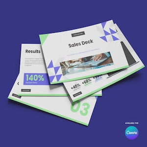 May include: A stack of white and green sales deck presentation slides with geometric shapes and text. The slides display the title "Sales Deck", along with percentage metrics and the word "Results". The background is a solid blue color.