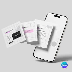 Könnte beinhalten: Ein Smartphone mit weißem Bildschirm zeigt mehrere weiße und rosa Designvorlagen. Die Vorlagen enthalten geometrische Formen, Text und eine Laptop-Grafik. Das Canva-Logo ist unten rechts sichtbar.