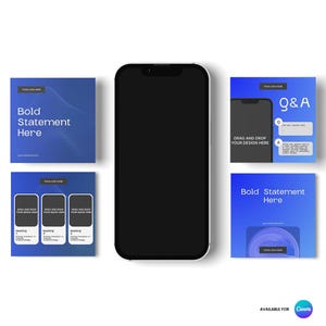 May include: A black smartphone with a blank screen is surrounded by blue square graphics. The graphics feature the text "Bold Statement Here", "Q&A", and "Drag and Drop Your Design Here". The Canva logo is in the bottom right corner.