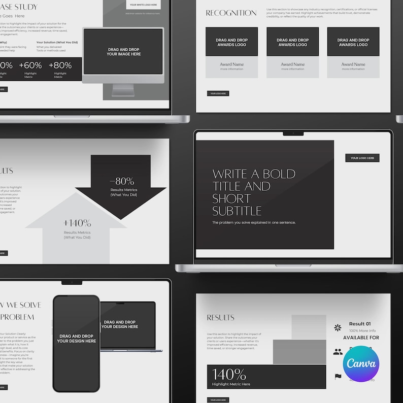 Op de afbeelding: Een verzameling digitale ontwerpsjablonen weergegeven op laptops en een tablet. De sjablonen hebben een grijswaarden kleurenschema met placeholders voor afbeeldingen en tekst. De tekst bevat zinnen als "Case Study" en "Results".