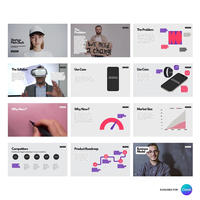 Pode incluir: Um baralho de apresenta&ccedil;&atilde;o com v&aacute;rios slides. Os slides incluem t&iacute;tulos como "Startup Pitch Deck", "The Problem", "The Solution", "Use Case", "Why Now?", "Market Size", "Competitors", "Product Roadmap" e "Business Model". O logotipo da Canva &eacute; vis&iacute;vel.