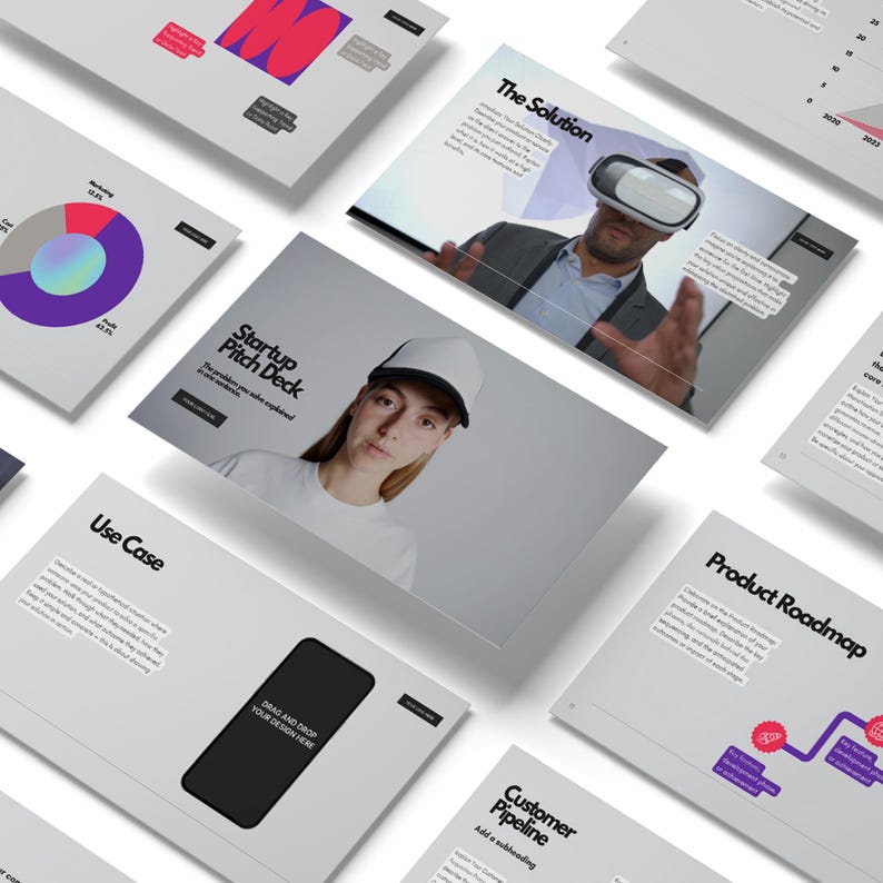Pode incluir: Uma cole&ccedil;&atilde;o de slides de apresenta&ccedil;&atilde;o com texto e gr&aacute;ficos. Um slide mostra uma pessoa usando um headset de realidade virtual, outro mostra uma mulher com um bon&eacute;. Outros slides incluem gr&aacute;ficos e o texto "Startup Pitch Deck", "Use Case" e "Product Roadmap".