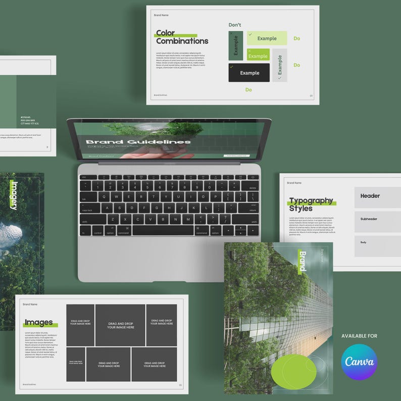 May include: A laptop displaying "Brand Guidelines" sits amidst design documents. These documents cover colour combinations, typography styles, and image placement. The colour scheme is predominantly green and white, with examples and instructions.