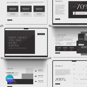 Op de afbeelding: Een verzameling digitale marketing presentatiedia's op een laptop, tablet en smartphone. De dia's bevatten tekst, grafieken en afbeeldingen met een zwart-wit kleurenschema. De dia's bevatten de tekst "Erkenning", "Probleem", "Resultaten" en "Casestudy".