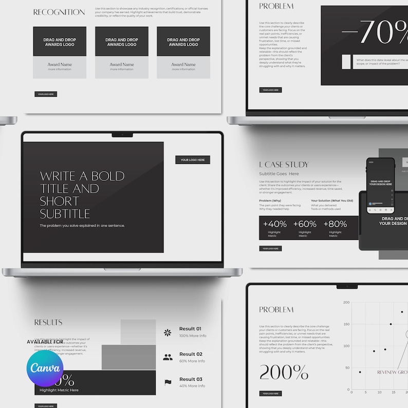 Op de afbeelding: Een verzameling digitale marketing presentatiedia's op een laptop, tablet en smartphone. De dia's bevatten tekst, grafieken en afbeeldingen met een zwart-wit kleurenschema. De dia's bevatten de tekst "Erkenning", "Probleem", "Resultaten" en "Casestudy".