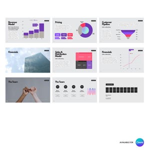 Pode incluir: Um modelo de apresenta&ccedil;&atilde;o com v&aacute;rios slides. Os slides incluem gr&aacute;ficos, diagramas e texto relacionados a receita, pre&ccedil;os, funil de clientes, finan&ccedil;as, vendas e informa&ccedil;&otilde;es da equipe. O esquema de cores &eacute; principalmente branco, roxo e rosa.