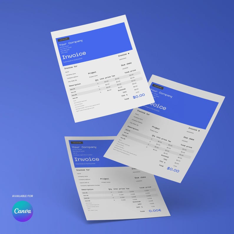 May include: Three white invoices with blue header bars float against a blue background. The word "Invoice" is prominently displayed on each form. The Canva logo is in the lower left corner.