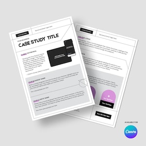 Könnte beinhalten: Zwei weiße Fallstudienvorlagen mit schwarzem Text und Grafiken. Eine Vorlage zeigt eine Tablet- und Smartphone-Grafik. Der Text enthält "Case Study Title", "Client Testimonial" und "Your Business Name". Das Canva-Logo ist sichtbar.