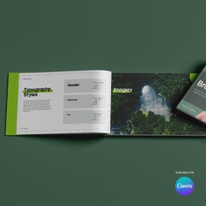May include: An open book with the title "Typography Styles" on the left page and "Imagery" on the right. The book is open on a green surface. A smaller book is visible on the right with the word "Brand" on the cover. The Canva logo is in the bottom right corner.