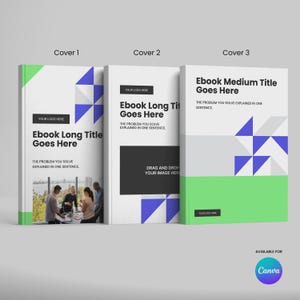 May include: Three ebook covers with white backgrounds, green and blue geometric shapes, and the text "Ebook Long Title Goes Here" and "Ebook Medium Title Goes Here." The covers also include the text "The problem you solve explained in one sentence."