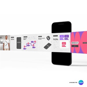 May include: A black smartphone displays a presentation with various slides. The slides feature text, graphics, and a person wearing a white t-shirt. The presentation includes a flow chart, pricing models, and a smartwatch. The Canva logo is visible.