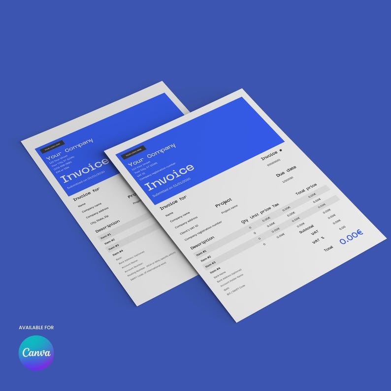 May include: Two white invoices with blue headers and text that reads "Invoice" and "Your Company". The invoices have sections for item descriptions, quantities, and prices. The total is 0.00. The Canva logo is in the bottom left corner.
