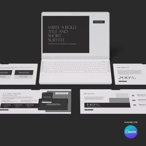 Op de afbeelding: Een witte laptop met een toetsenbord en scherm met tekst, omringd door verschillende witte documenten. Het scherm leest "WRITE A BOLD TITLE AND SHORT SUBTITLE." Extra tekst omvat "E CASE STUDY" en "RESULTS 140%." Het Canva-logo is zichtbaar.