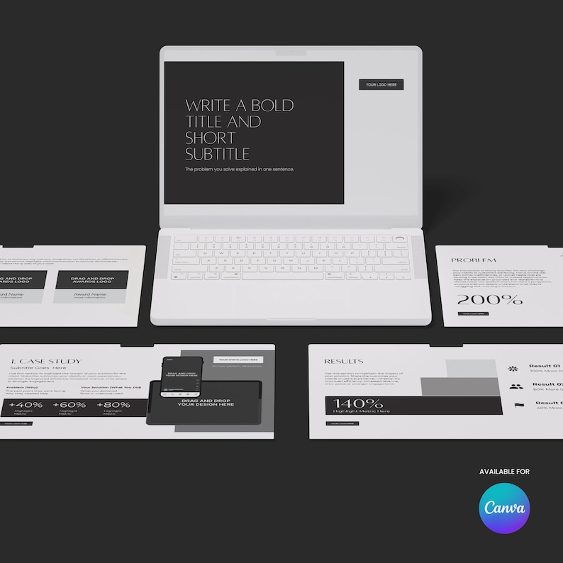 Op de afbeelding: Een witte laptop met een toetsenbord en scherm met tekst, omringd door verschillende witte documenten. Het scherm leest "WRITE A BOLD TITLE AND SHORT SUBTITLE." Extra tekst omvat "E CASE STUDY" en "RESULTS 140%." Het Canva-logo is zichtbaar.