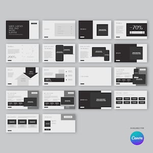 Op de afbeelding: Een presentatiesjabloon met een minimalistisch ontwerp, met een reeks dia's in zwart, wit en grijs. De dia's bevatten tekstplaatsaanduidingen, grafieken en mockups van mobiele apparaten en laptops. Het Canva-logo is zichtbaar.