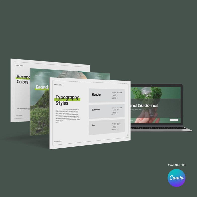 May include: A laptop and three white presentation documents are set against a dark green backdrop. The documents display text and images, including "Second Colours," "Brand," and "Typography Styles." The laptop screen shows a hand holding a plant with the words "and Guidelines."