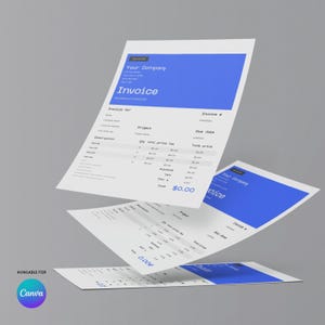 May include: Three floating invoice templates with a blue header and the word "Invoice" in large font. The templates include fields for company information, project details, and a total price of $0.00. The Canva logo is in the bottom left corner.