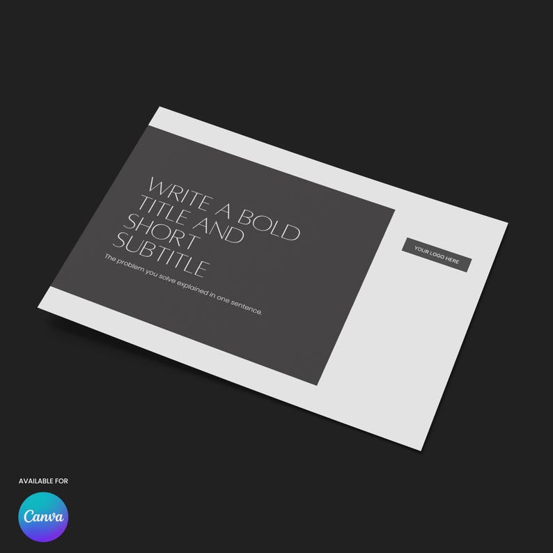 Op de afbeelding: Een wit en grijs presentatiesjabloon met de tekst "WRITE A BOLD TITLE AND SHORT SUBTITLE" en "The problem you solve explained in one sentence." Een klein rechthoekje leest "YOUR LOGO HERE."