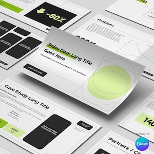 May include: A set of business presentation slides with a contemporary design. The slides include text, charts, and graphics, such as a large "-80%" graphic and the text "Sales Deck Long Title Goes Here". The colour scheme is mainly white, black, and green.